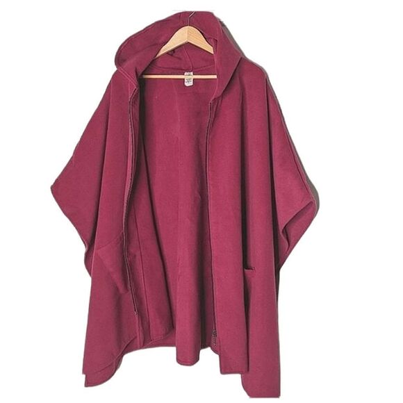 Violet Red Poly Fleece Zip Up Hooded Poncho size XL - Picture 2 of 10